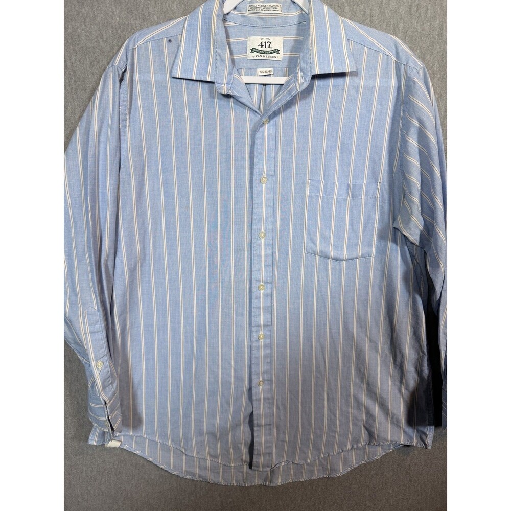 417 by Van Heusen Men's Large Blue Striped Long Sleeve Casual Button-Down Shirt